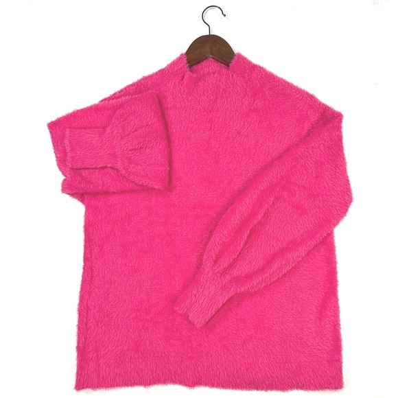 Chico's Fuchsia Pink Eyelash Faux Fur Mock Neck Ballon Sleeve Sweater M SOFT - Picture 3 of 8